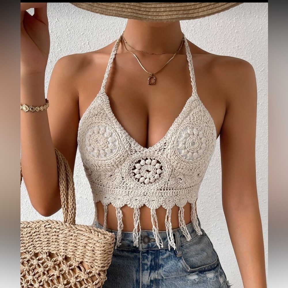 New Breezaya Floral Pattern Fringe Trim Halter Push Up Crochet Tankini Top